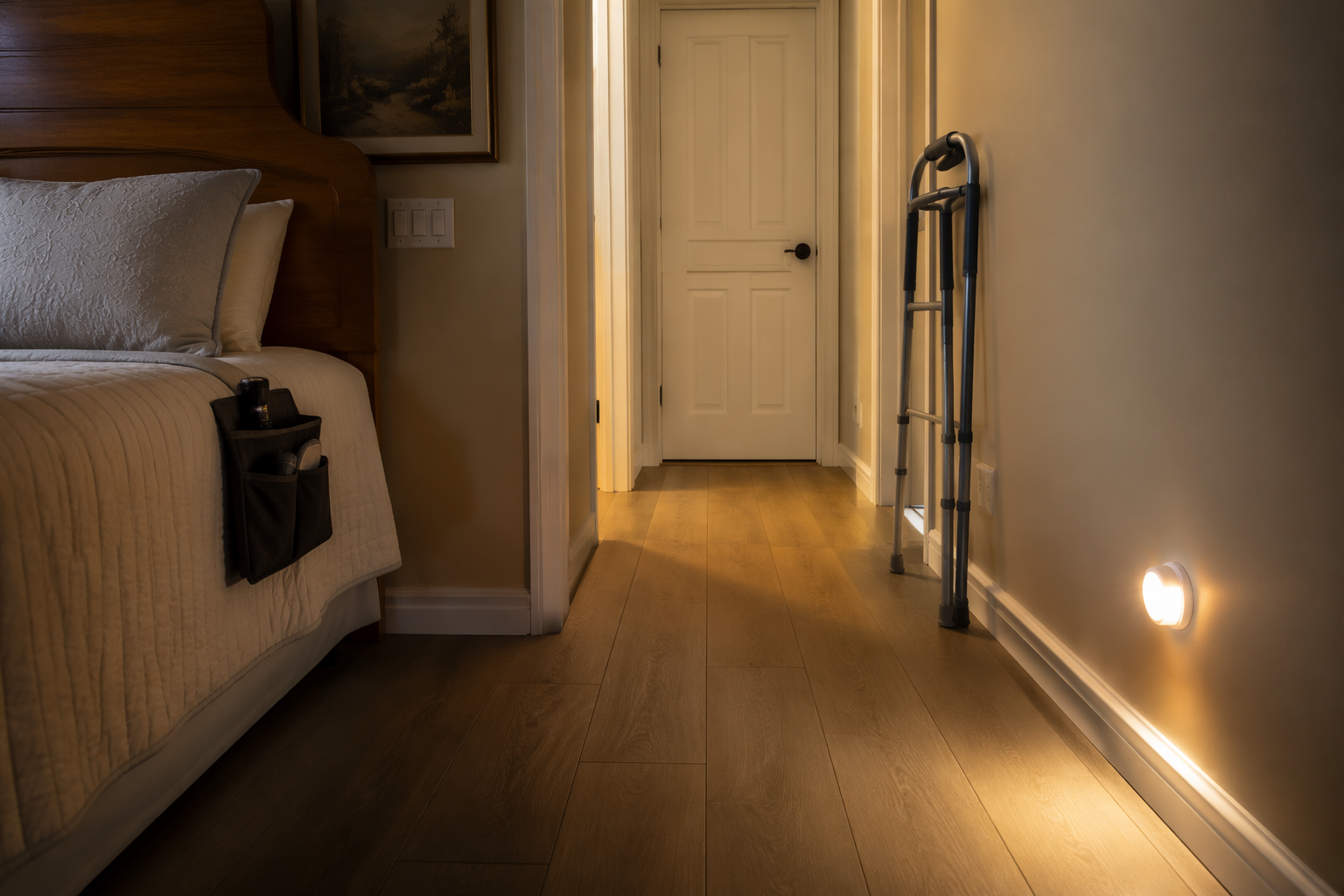 Elderly-safe bedroom with a clear path from bed to door, bedside flashlight, cane placed away from the path, and motion-sensor nightlight