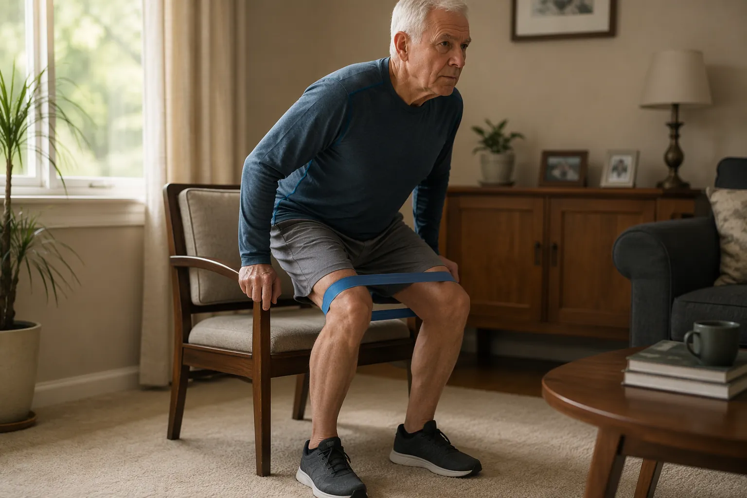 Older adult practicing a controlled chair rise with resistance bands at home