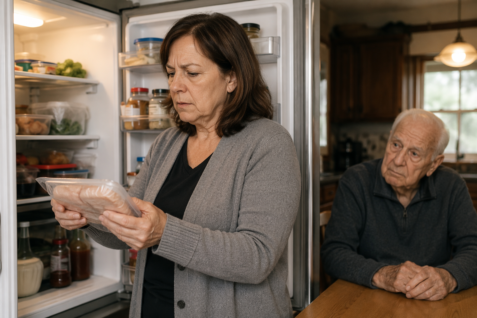 A woman inspects a food package at an open refrigerator while an older man sits nearby