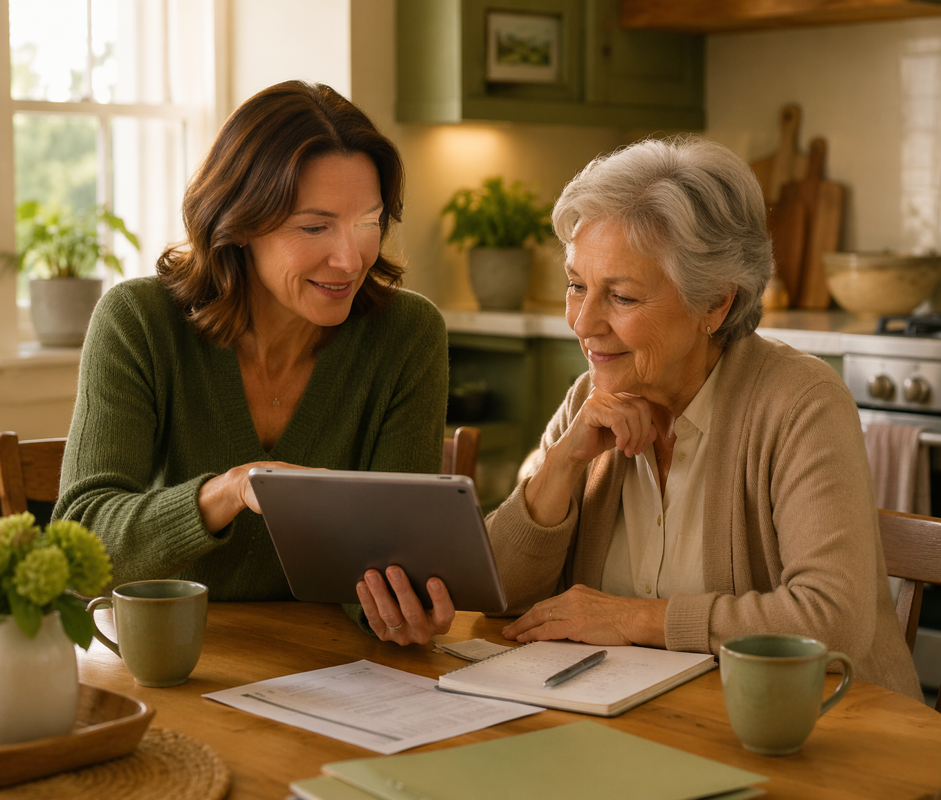 An adult child in their 40s seated at a kitchen table with an older parent, reviewing papers together in warm natural light.