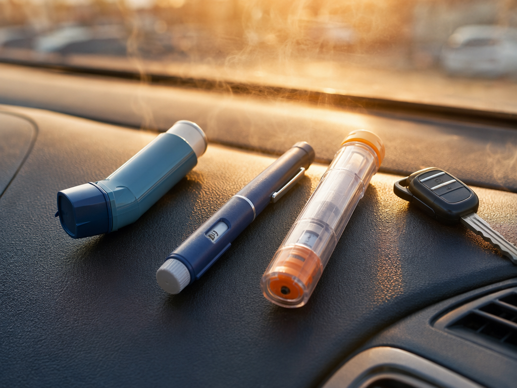 Inhaler, insulin pen, and EpiPen on a sun-heated car dashboard
