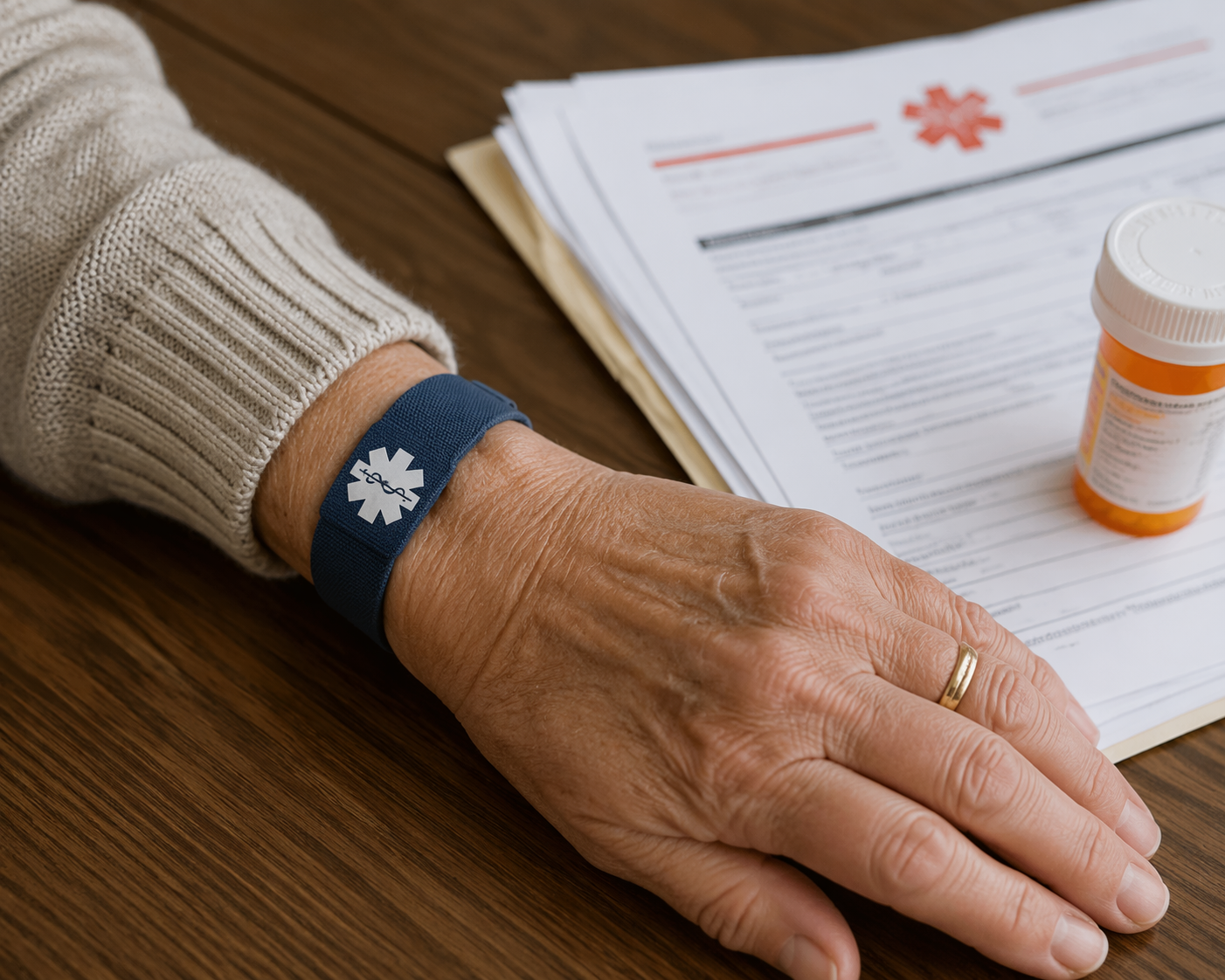 Older adult wearing a medical ID bracelet beside emergency documents and a pill bottle