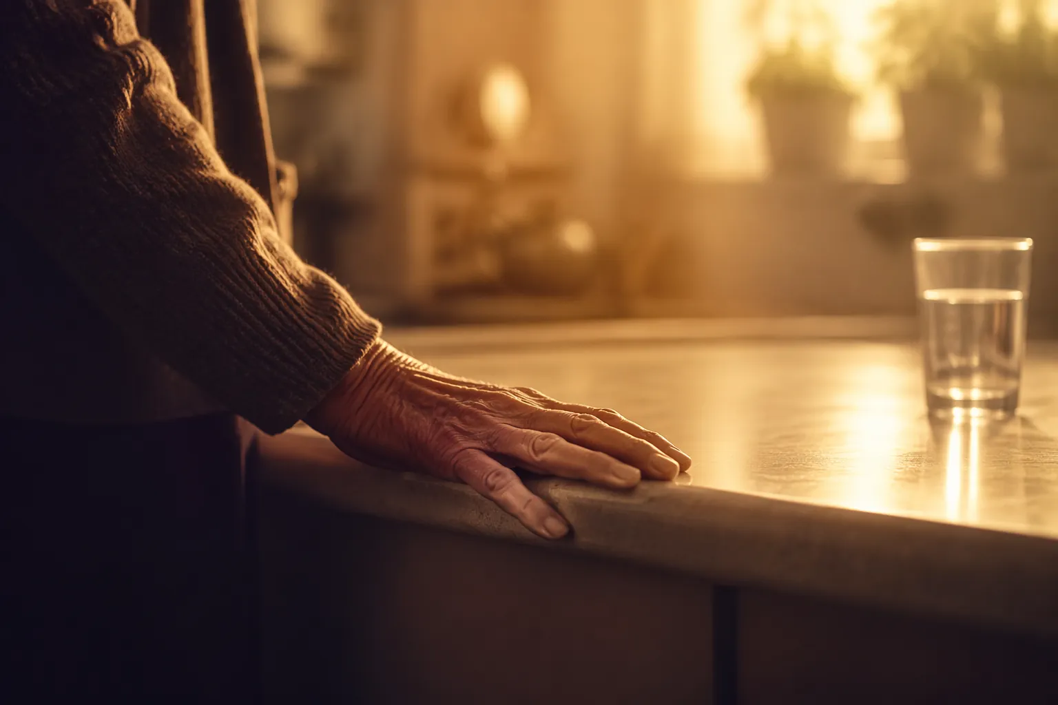 Older adult steadying a hand on a kitchen counter near an untouched glass of water in warm afternoon light