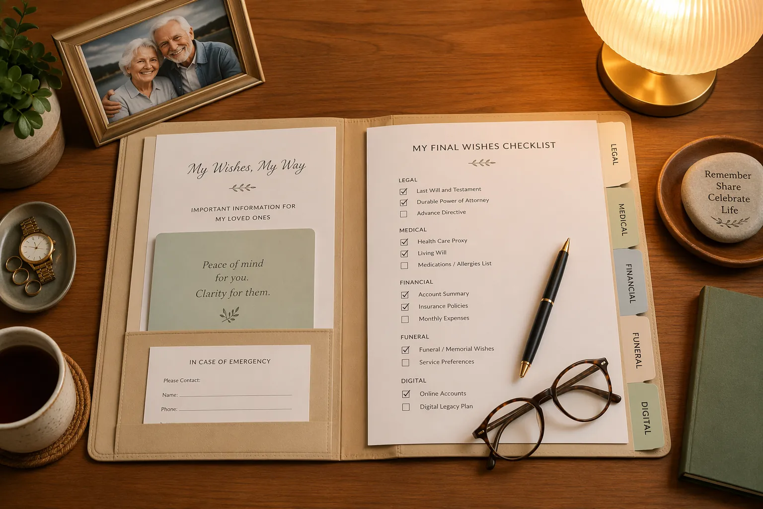 Organized end-of-life planning folder with tabs for legal, medical, financial, funeral, and digital documents