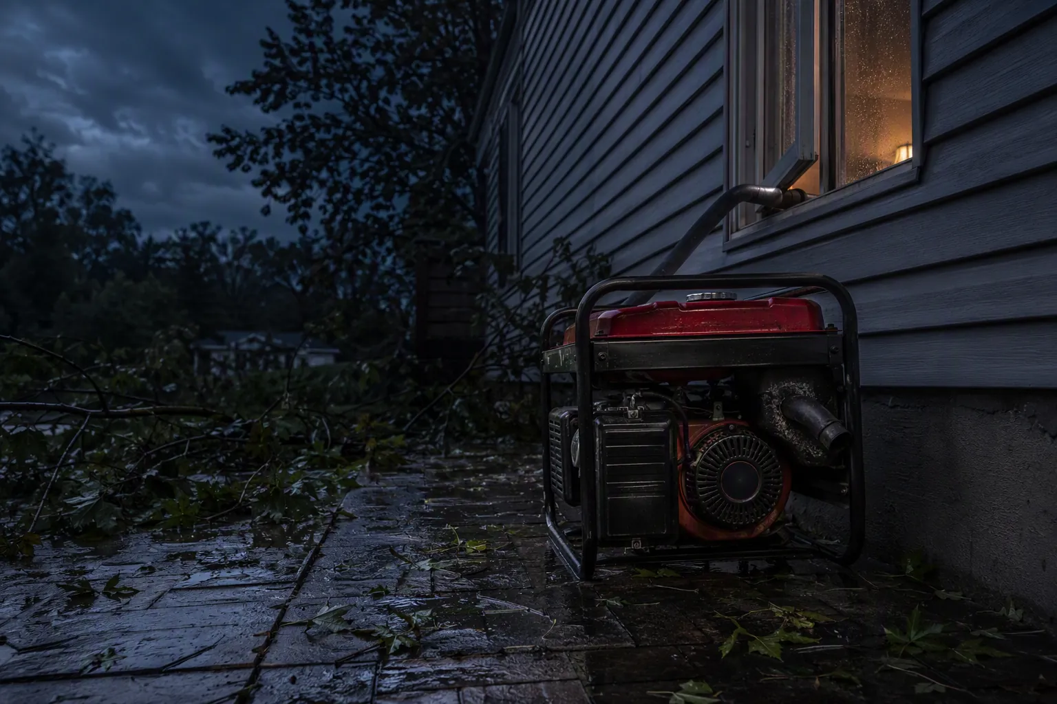 Portable gasoline generator running on a wet patio near a slightly open window after a storm