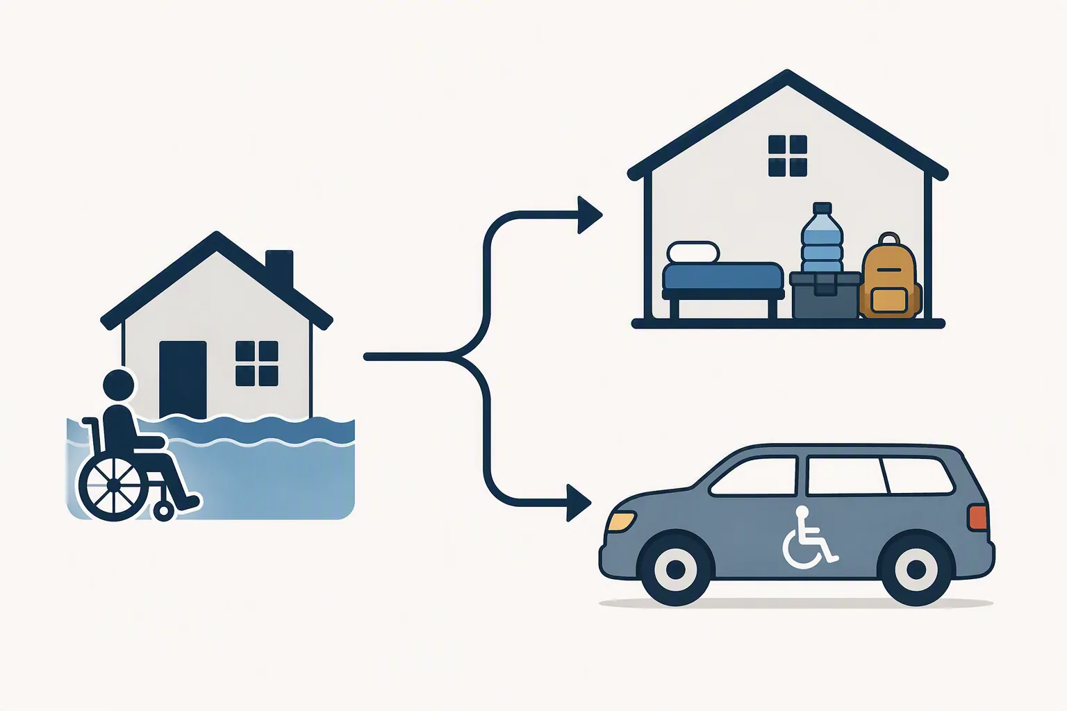 Two-branch decision pathway showing sheltering at home or evacuating by car for a wheelchair user