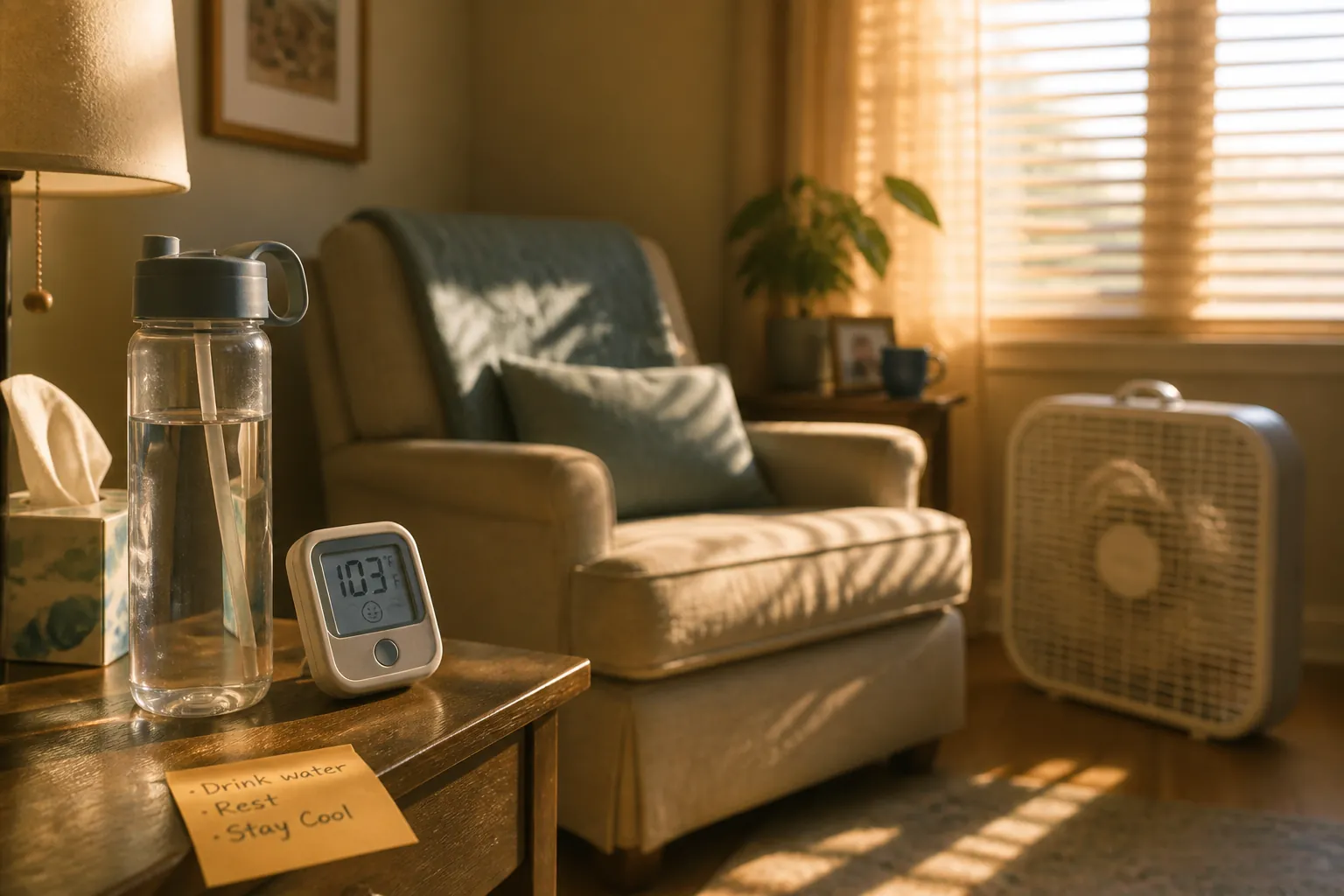 Prepared living room corner with water, thermometer, and fan near an armchair during extreme heat