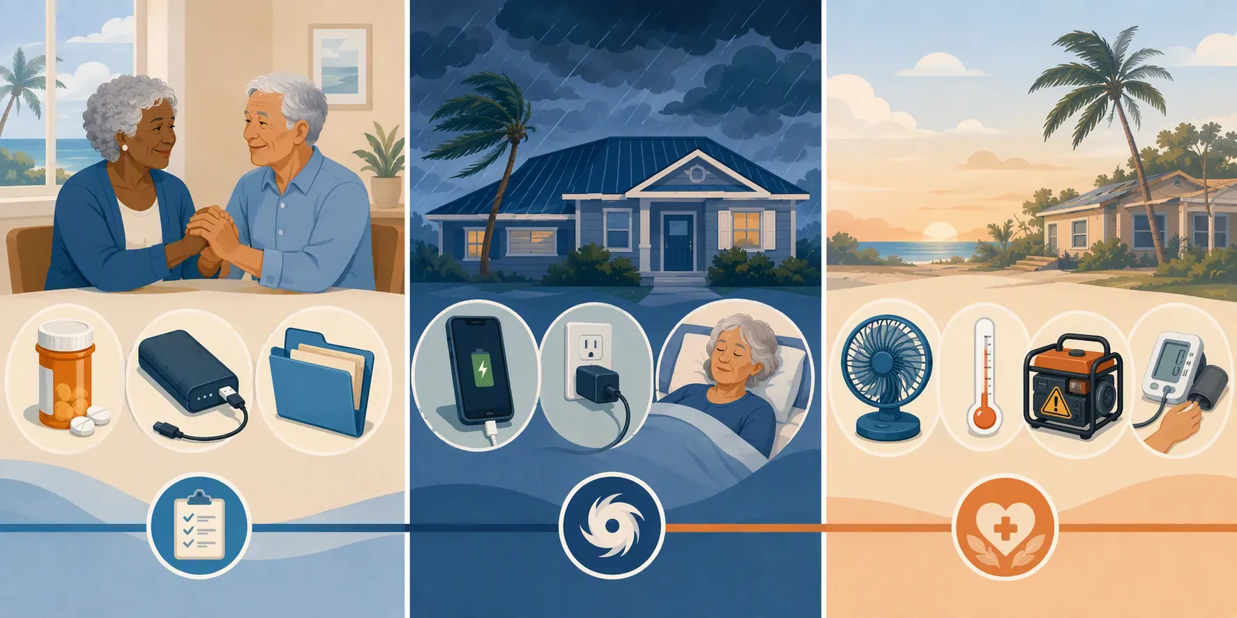 Illustrated before, during, and after hurricane planning timeline with medication, chargers, documents, shelter, heat, generator warning, and medical device checks
