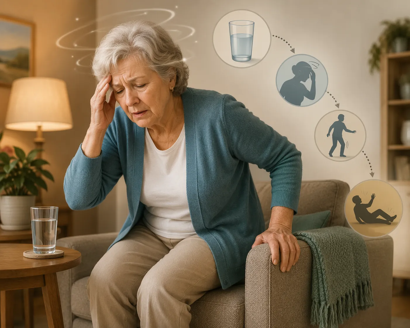 Older adult woman sitting on the edge of a chair appearing dizzy and unsteady