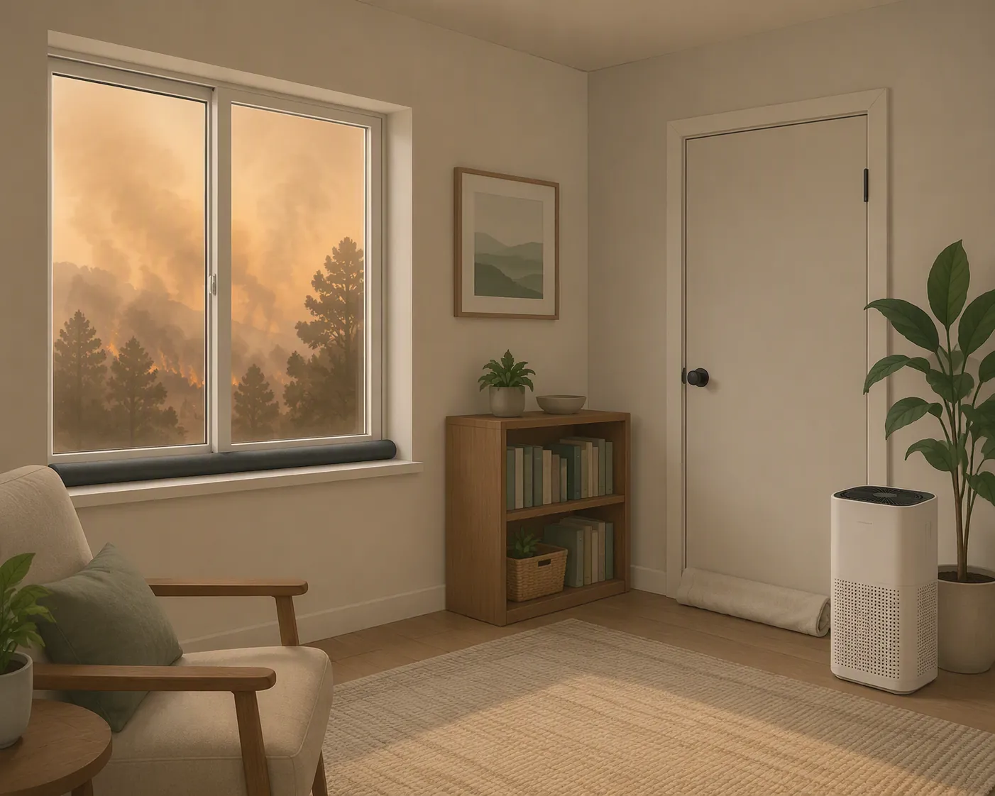 Clean room with closed window, towel under the door, and portable air cleaner running during wildfire smoke