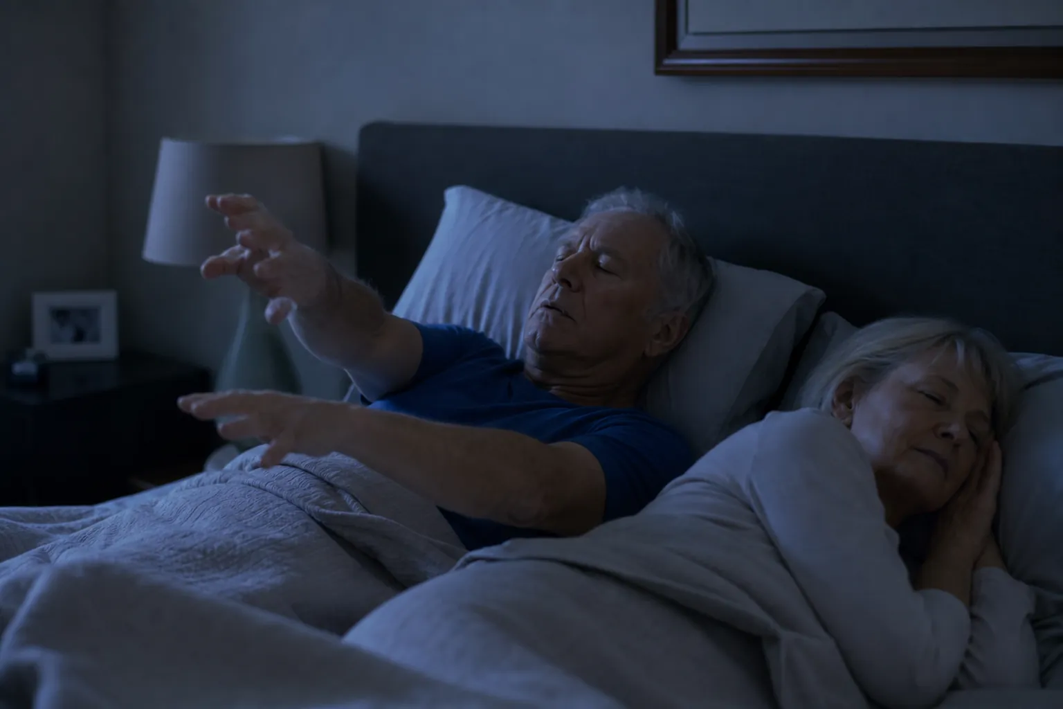 An older adult asleep in bed with arms subtly reaching outward as if acting out a dream