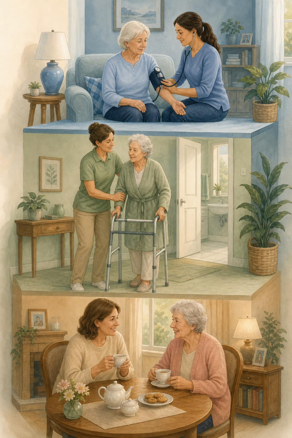 An ascending illustration of three care levels: companion care (two people sharing tea), personal care (caregiver assisting with a walker), and skilled nursing (caregiver checking a blood pressure cuff), in warm residential tones.