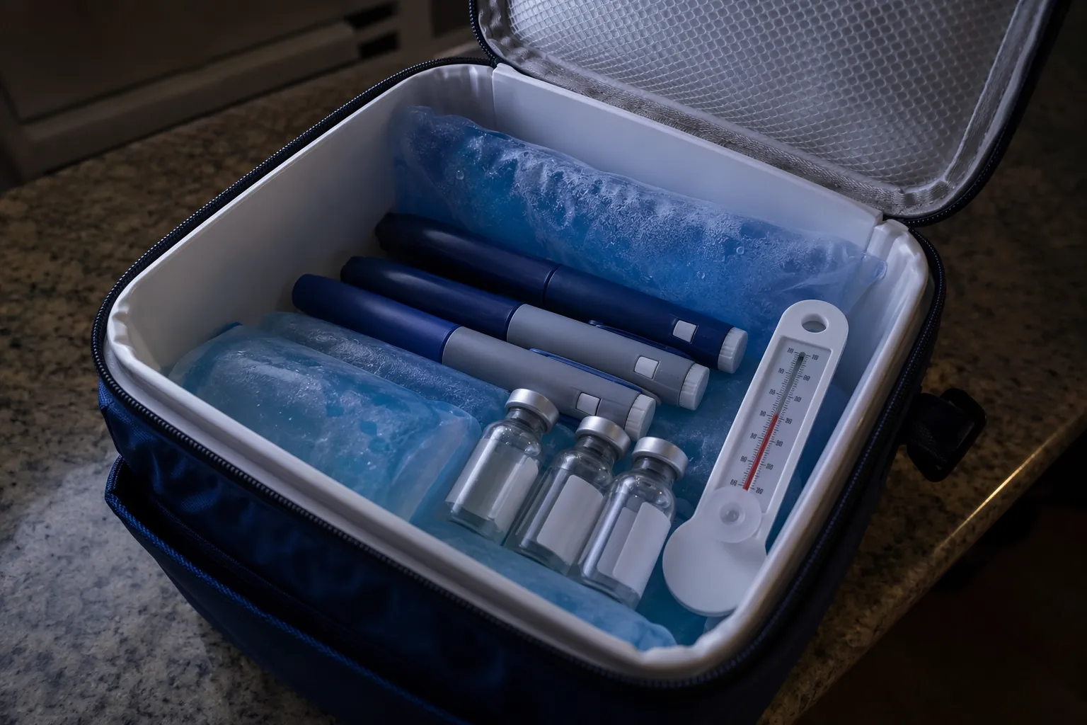 Insulin pens and vials in a small cooler with ice packs and a thermometer