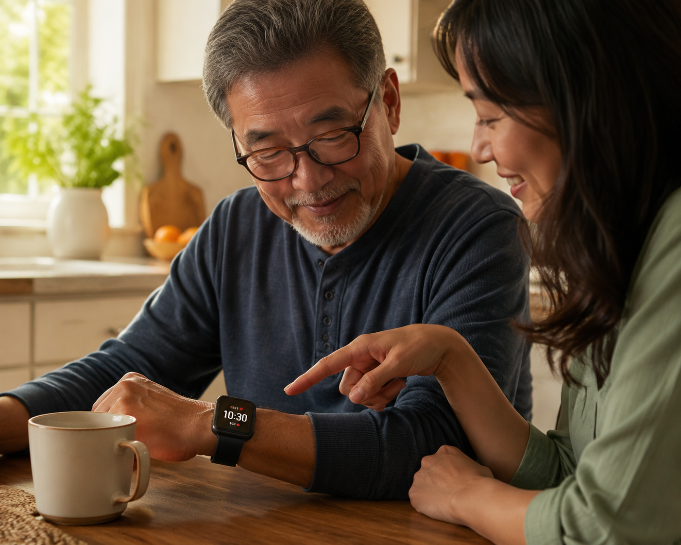 Older man's wrist wearing a simple smartwatch while an adult daughter points to the screen in a kitchen.
