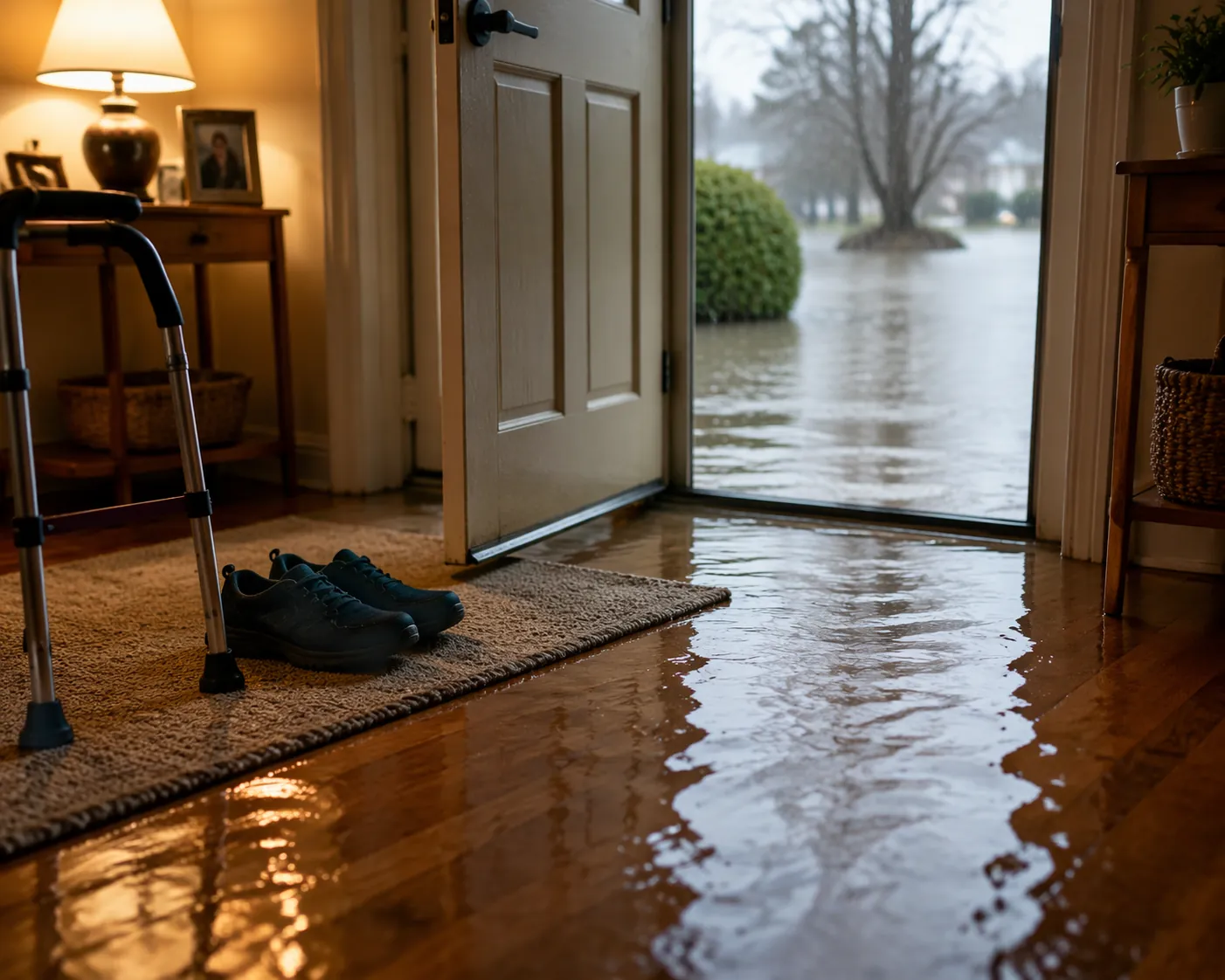 Slip-resistant shoes and a walking cane staged near a dry entryway while floodwater approaches outside