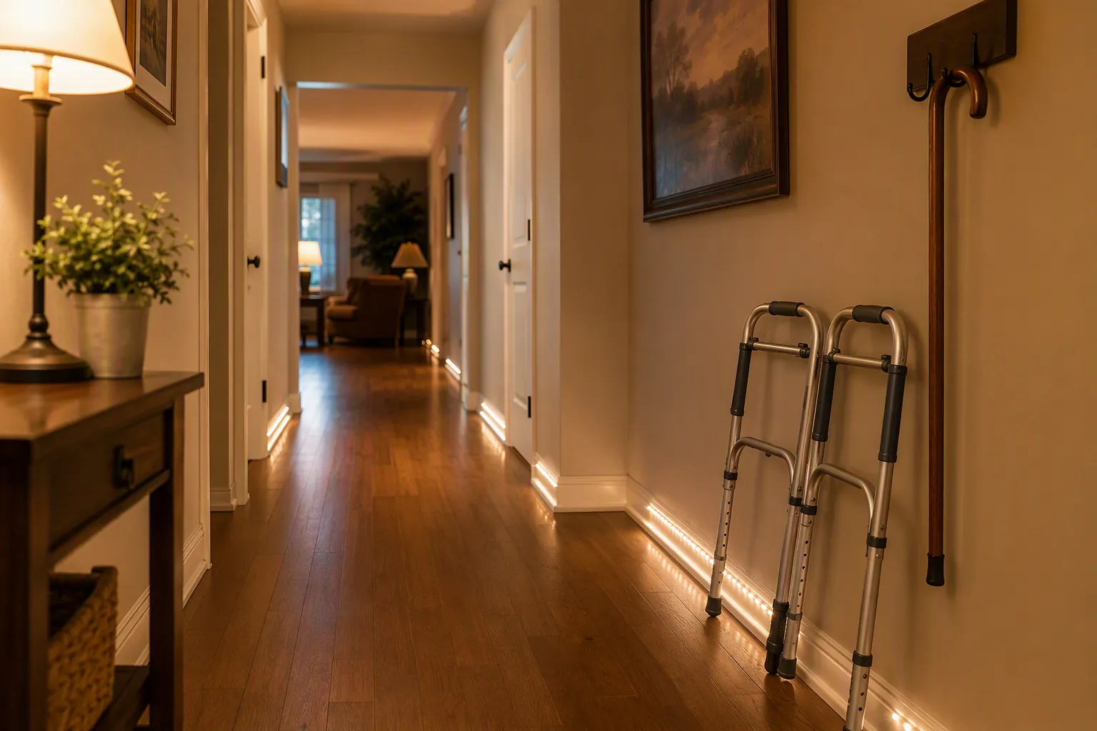 Prepared hallway with clear walking path, taped rug edges, nightlights, and walker nearby