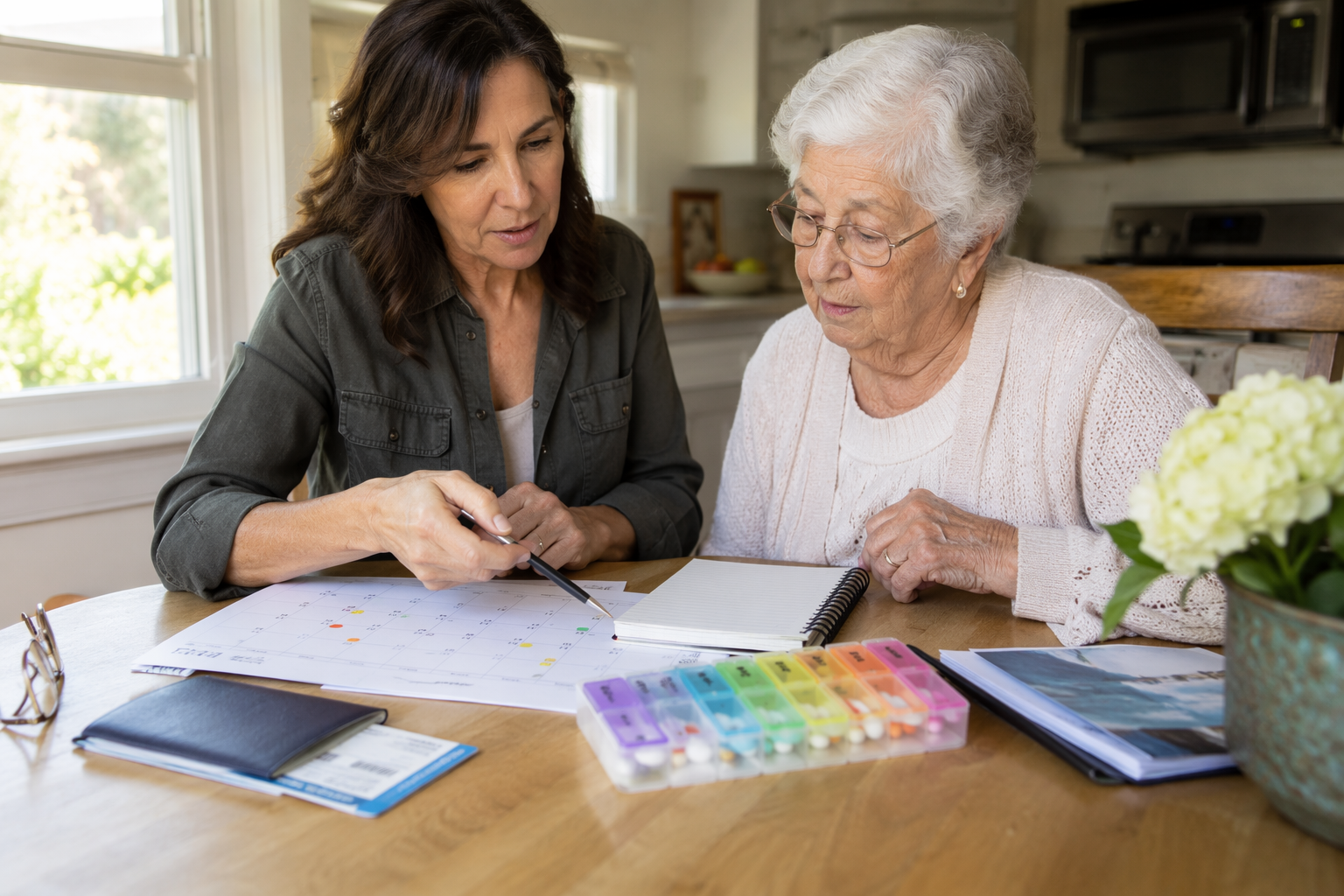 Adult daughter caregiver and aging parent reviewing travel documents, a calendar, medications, passport, and boarding passes at a kitchen table