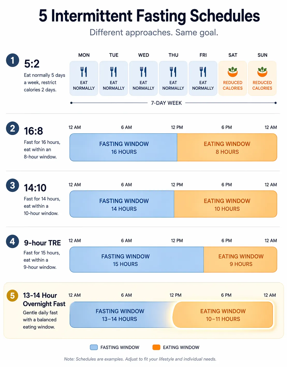 Comparison infographic showing intermittent fasting schedules as eating and fasting timeline bars