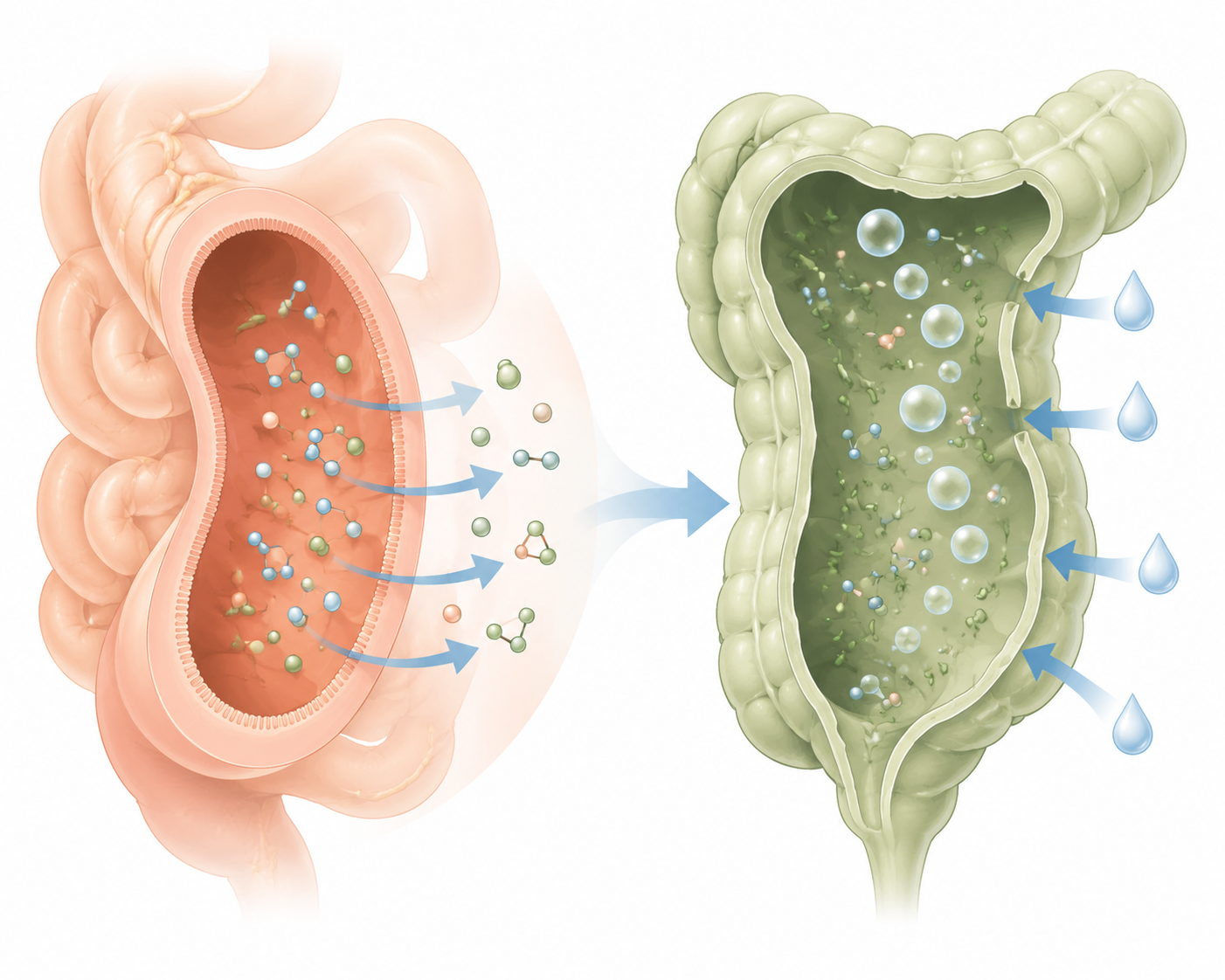 Illustration of unabsorbed sugar alcohols moving through the intestine, drawing water into the colon and producing gas
