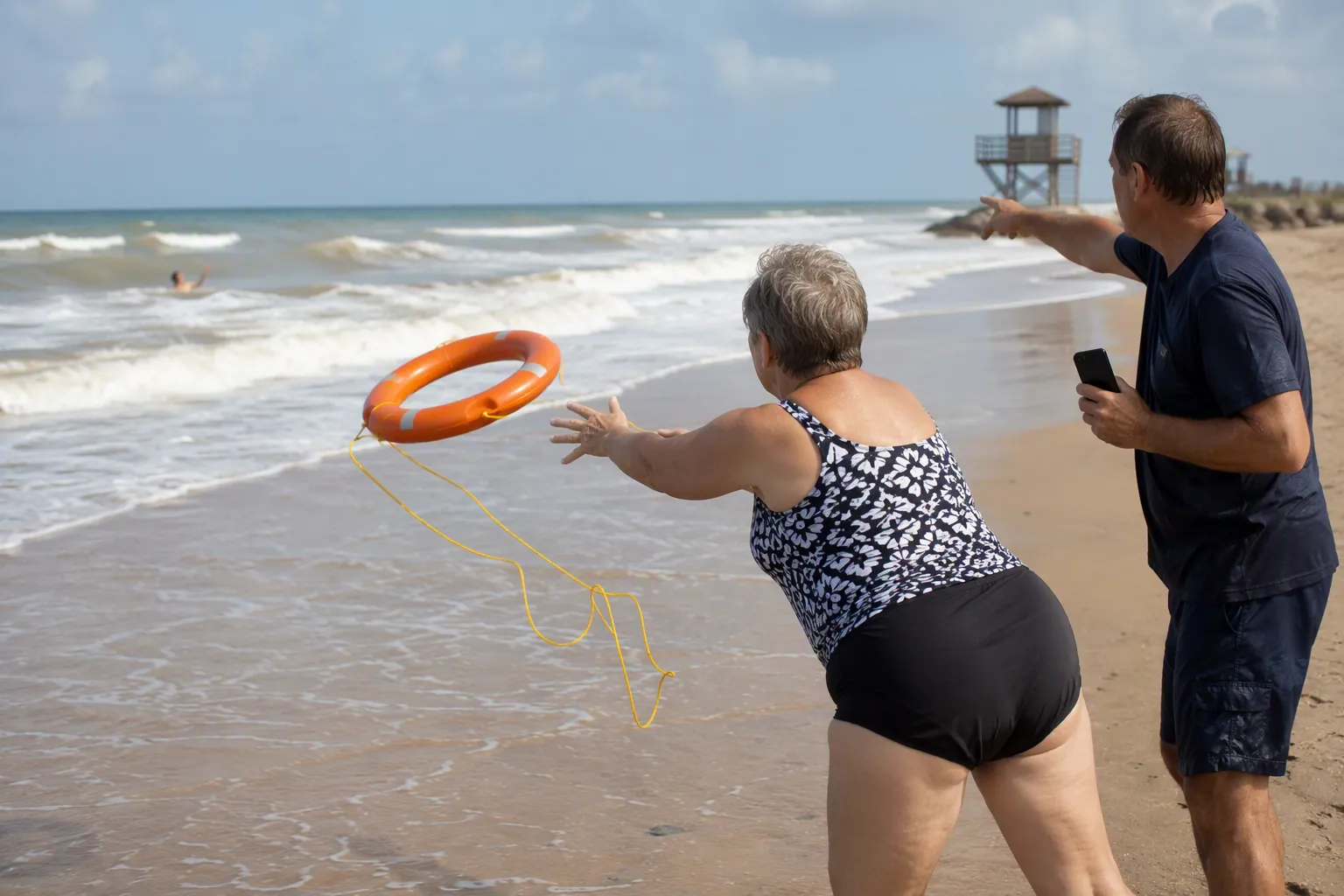 Older woman throwing a life ring from the sand while a companion points toward a lifeguard tower and holds a phone
