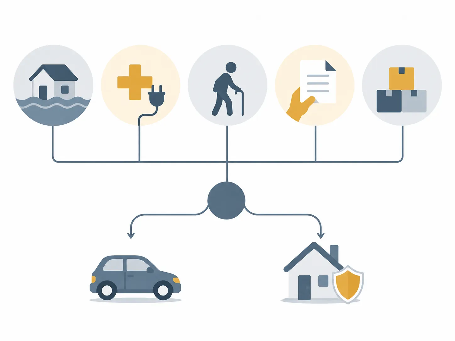 Decision diagram showing flood exposure, medical power needs, mobility, documents, and supplies splitting toward evacuation or sheltering