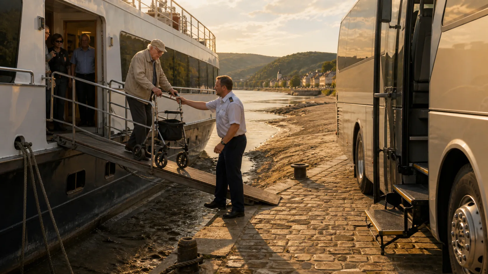 Older traveler with a rollator descending a narrow gangway near coach steps and cobblestones