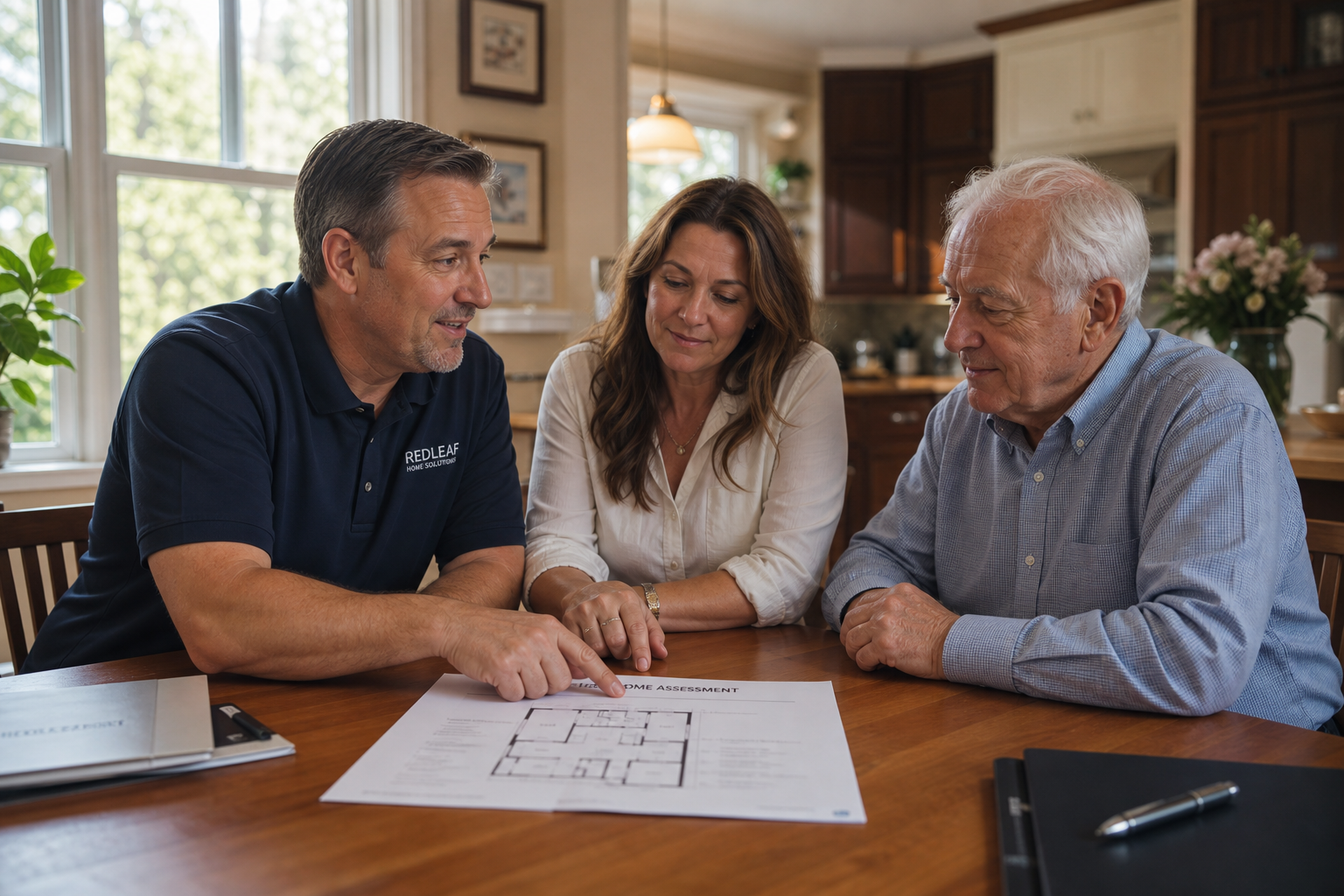 A CAPS contractor reviews a printed home assessment plan with an adult daughter and older adult at a kitchen table in a warm family home.