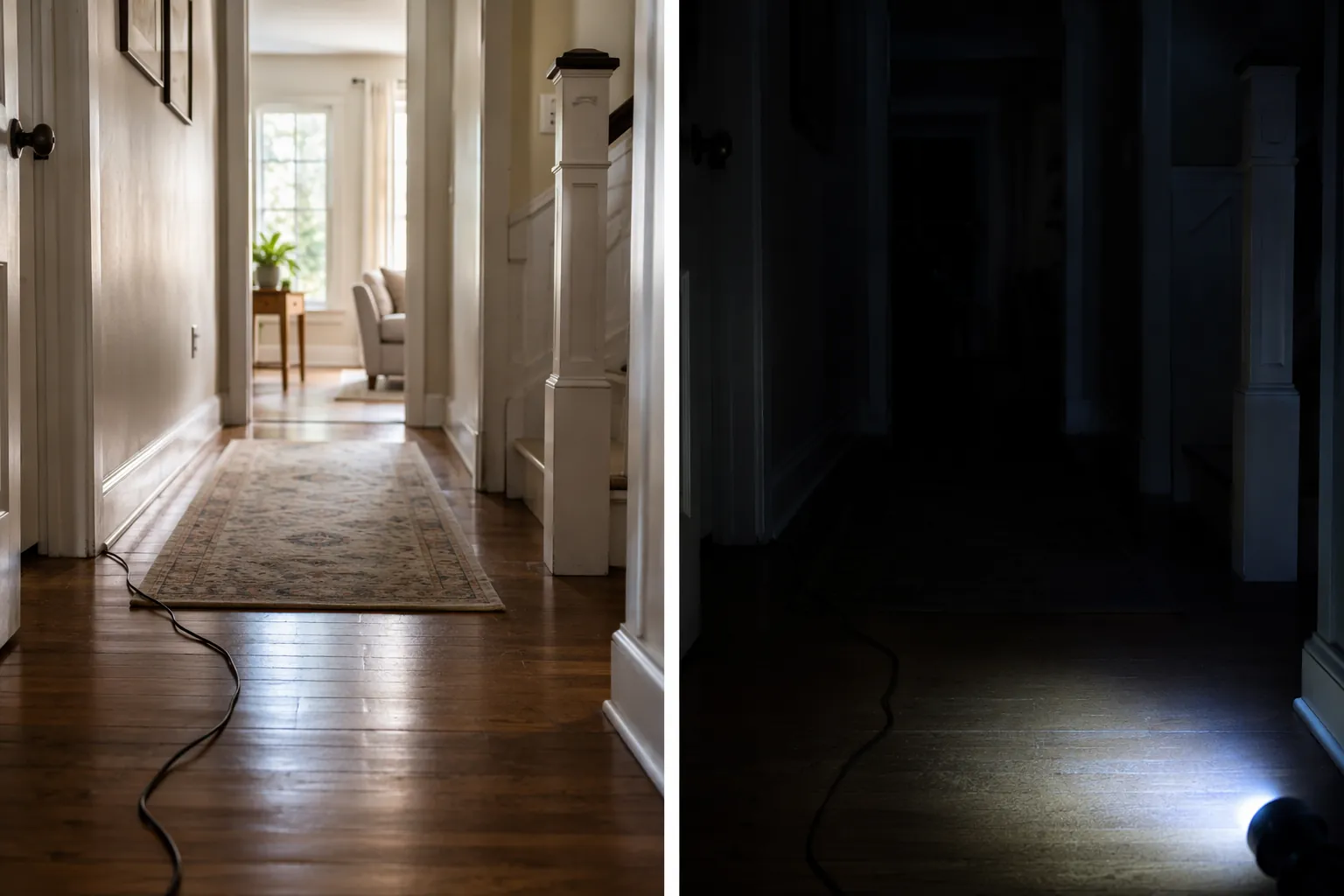 Hallway comparison showing a rug and electrical cord becoming harder to see in dim light