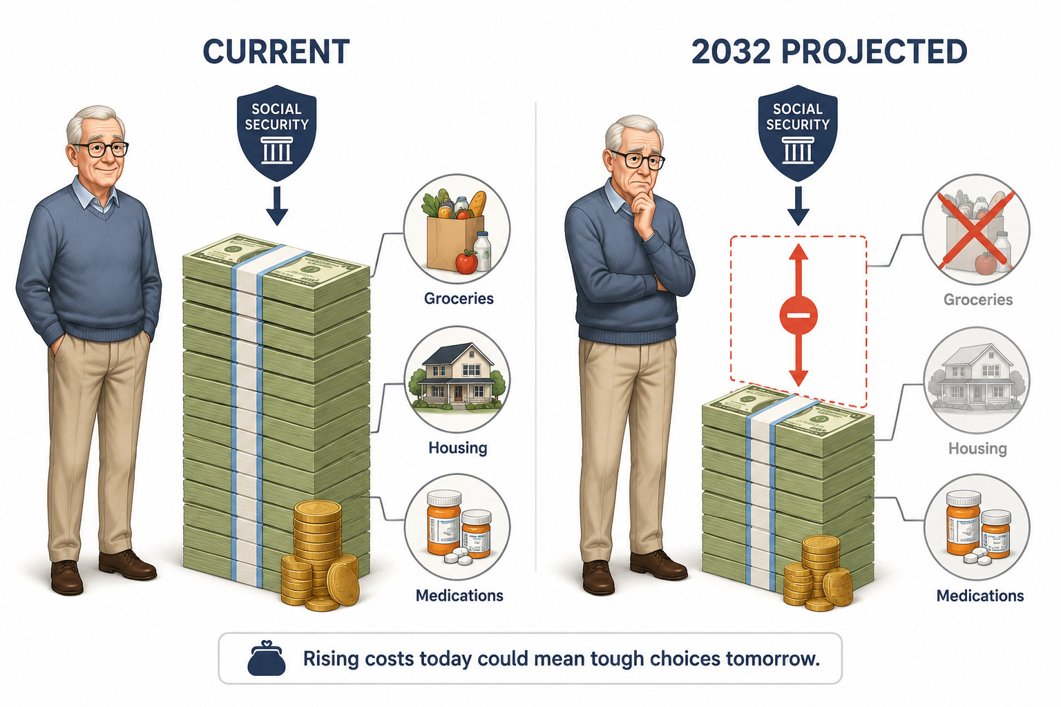 Illustration comparing a $2,071 monthly Social Security benefit with a smaller 2032 benefit showing about $500 missing
