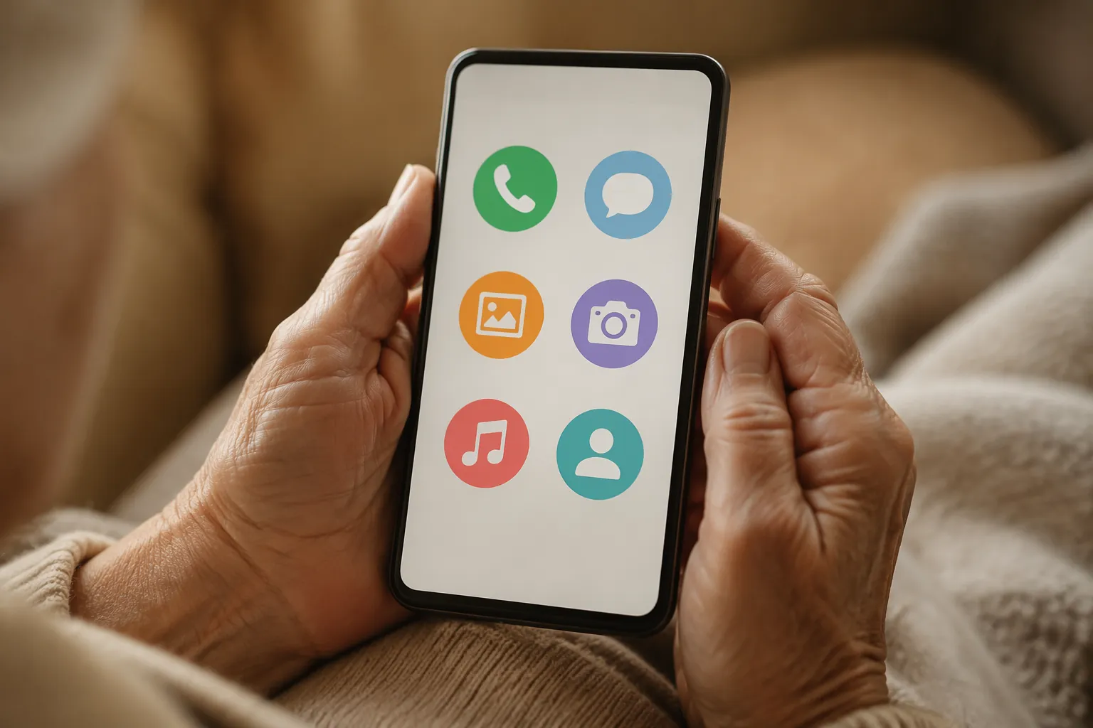 A smartphone with a simplified large-icon interface held in caring hands