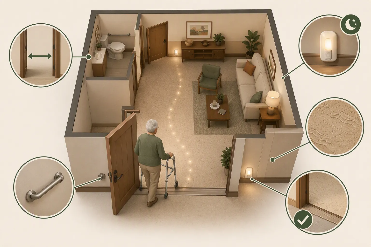Ground-floor interior tornado safe room with 32-inch doorway, non-slip flooring, nightlights, no-step threshold, and grab bar