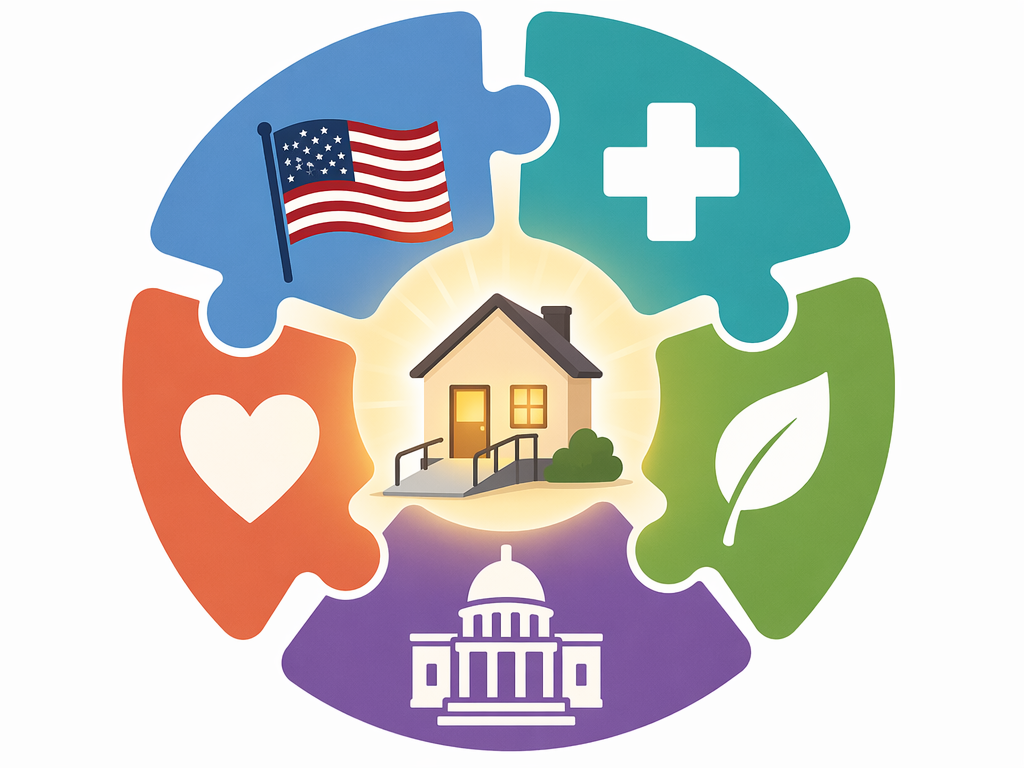 An editorial illustration showing multiple colorful funding source icons — a flag, medical cross, leaf, state capitol building, and heart — arranged like puzzle pieces around a warmly glowing house icon.