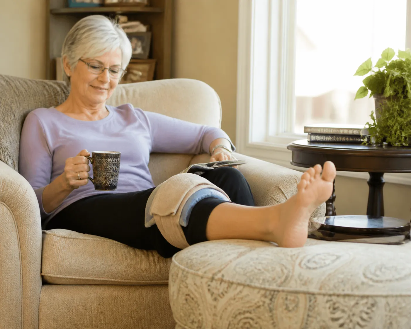 Older woman resting with her leg elevated and an ice pack wrapped around her knee with a towel