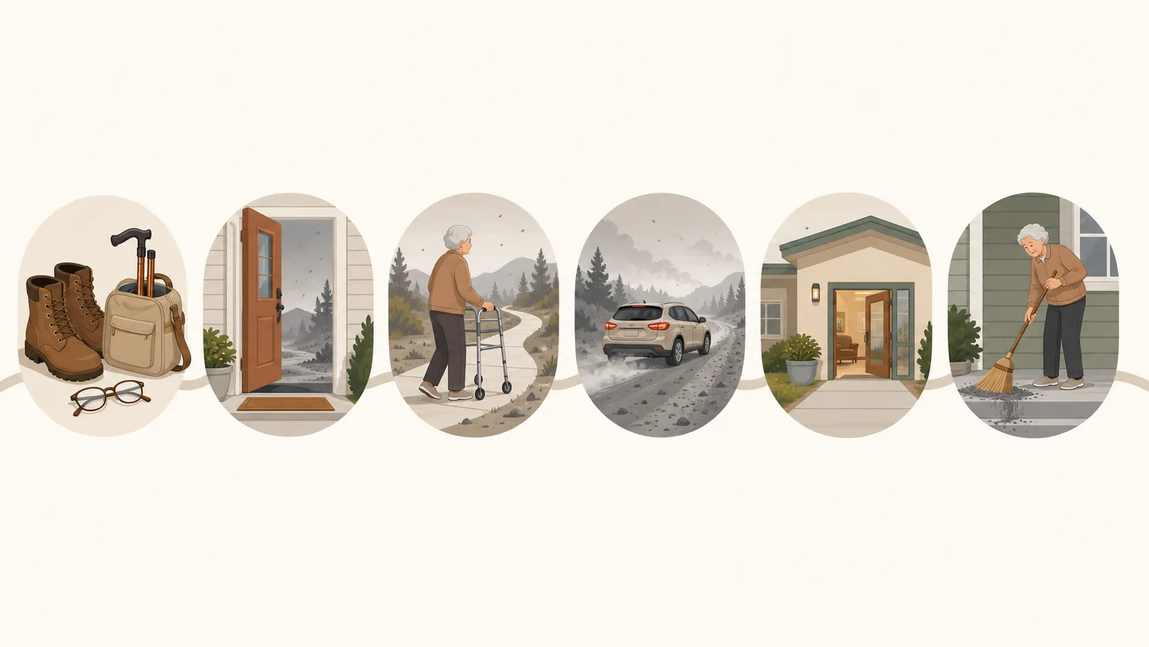 Illustration of an older adult evacuation sequence with boots, cane, eyeglasses, door, walker path, slow car travel, arrival doorway, and ash cleanup