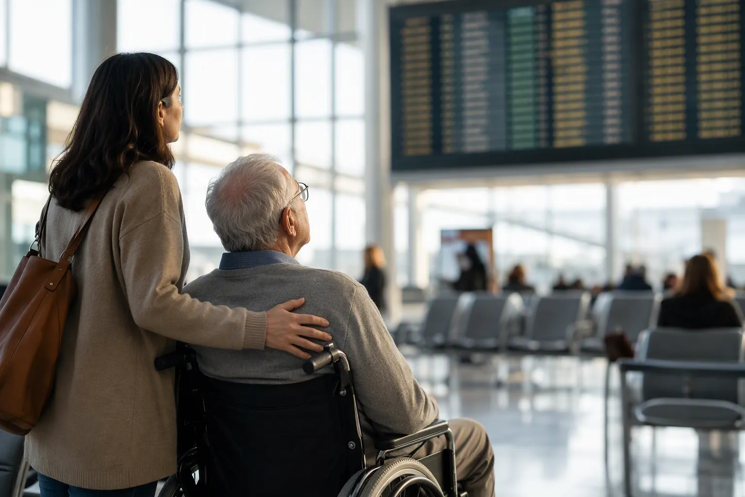 Adult daughter guiding her elderly father in a wheelchair near an airport gate while watching the departure board