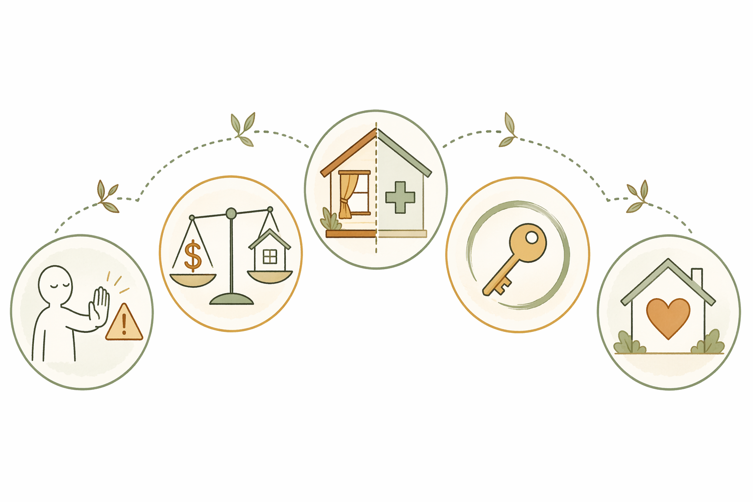 Five icon-style visual metaphors in a gentle horizontal arc representing emotional barriers: denial, cost anxiety, aesthetic concerns, autonomy loss, and grief over home identity. Warm amber and sage green tones.