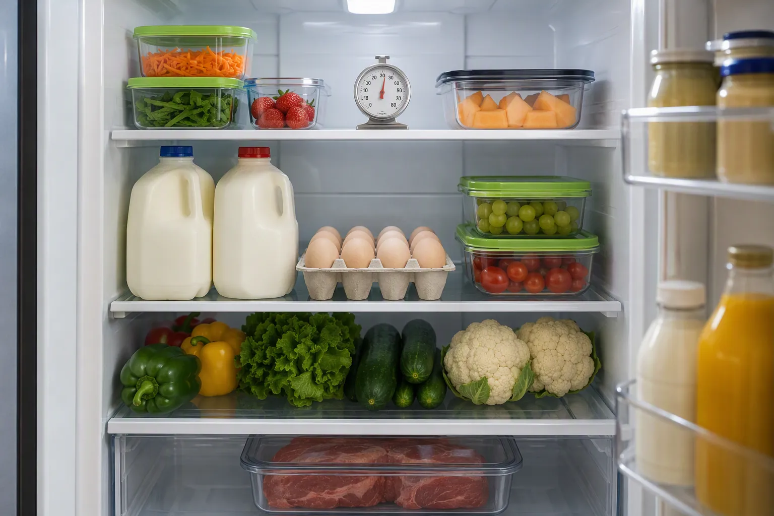 Organized home refrigerator with eggs, milk, vegetables, sealed raw meat on a lower shelf, and an interior thermometer