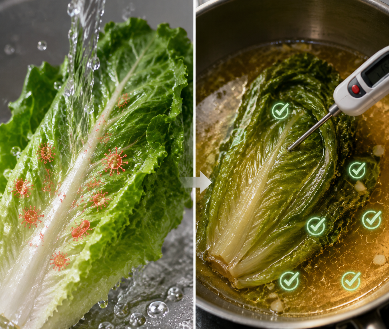 Comparison of rinsed raw romaine and cooked lettuce in broth with a thermometer reading 165°F