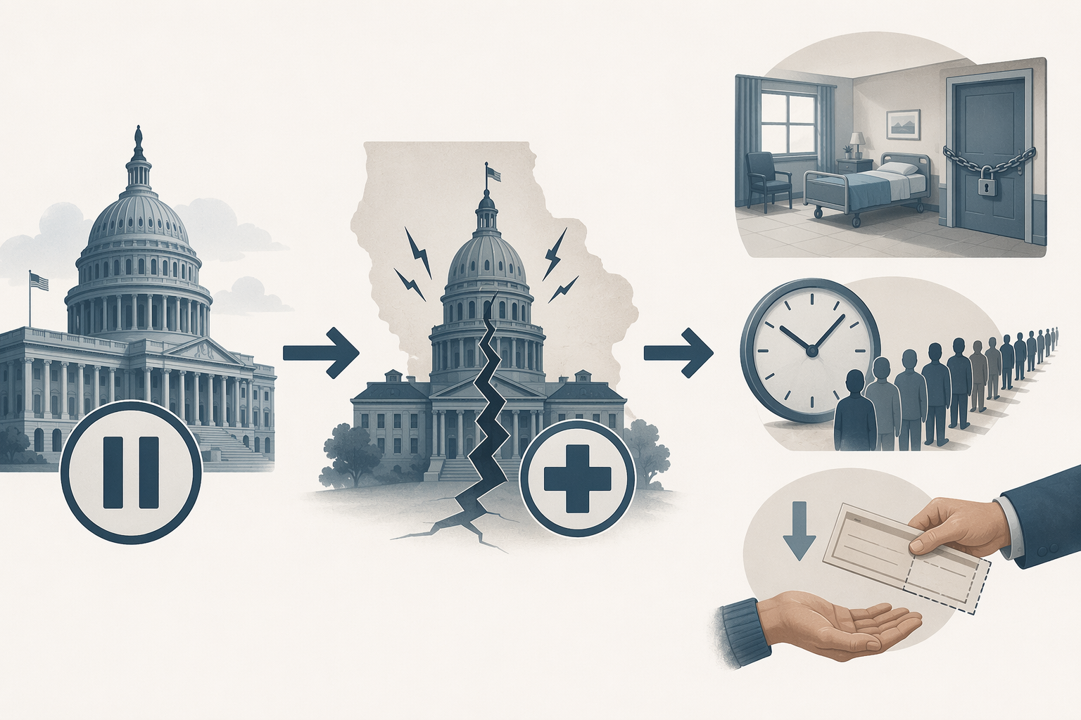 A federal payment pause flowing into state stress, then into closures, waitlists, and reduced caregiver pay.