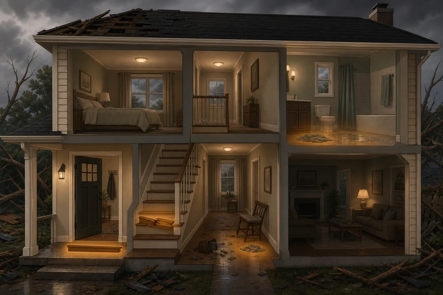 Cutaway illustration of storm-damaged home walking routes with hazards highlighted at the entry, stairs, hallway, bathroom, and living room