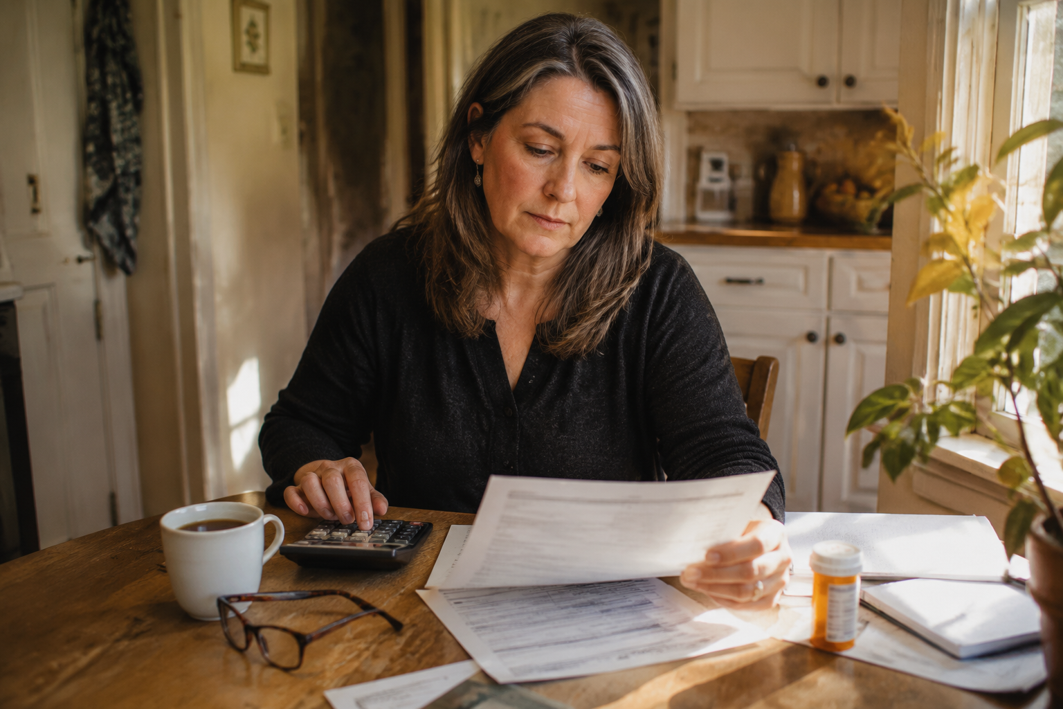 Middle-aged woman reviewing medical forms, retirement statements, prescriptions, and a calculator at a kitchen table