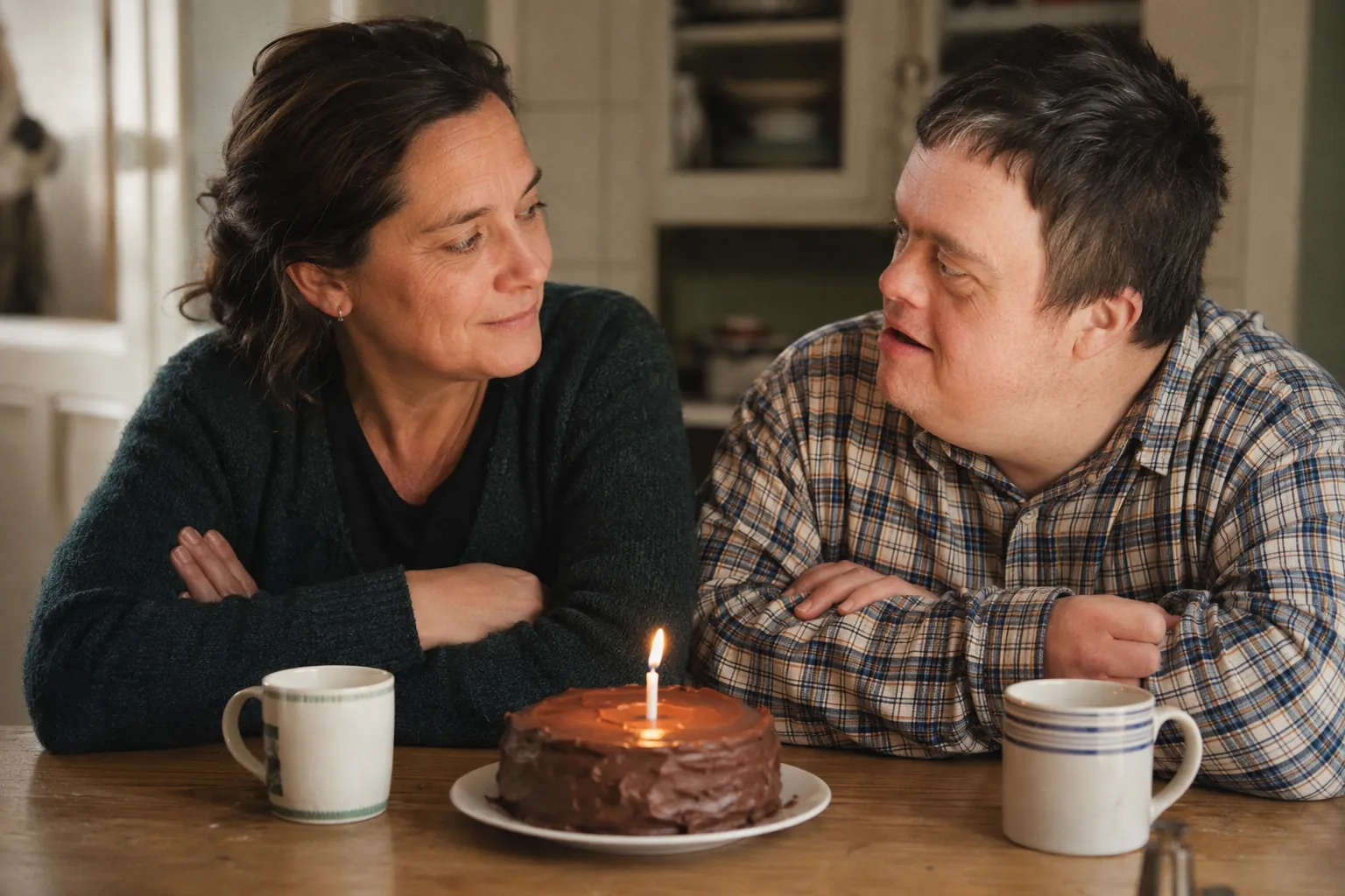 Two adult siblings seated at a wooden table with a small birthday cake between them