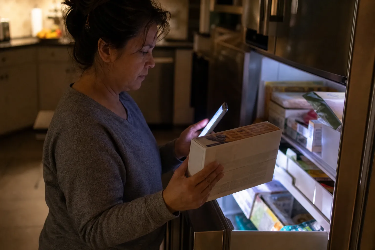 Caregiver reading a frozen waffle carton lot code at an open freezer with a phone light