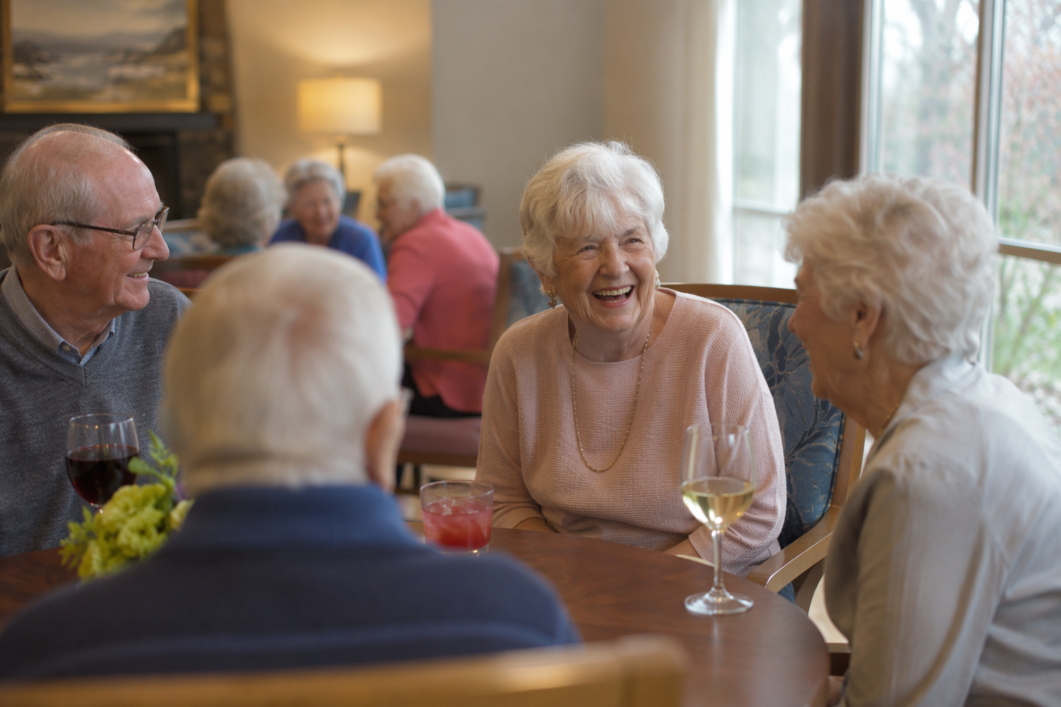 Older adults socializing comfortably at an assisted living happy hour with wine and non-alcoholic drinks