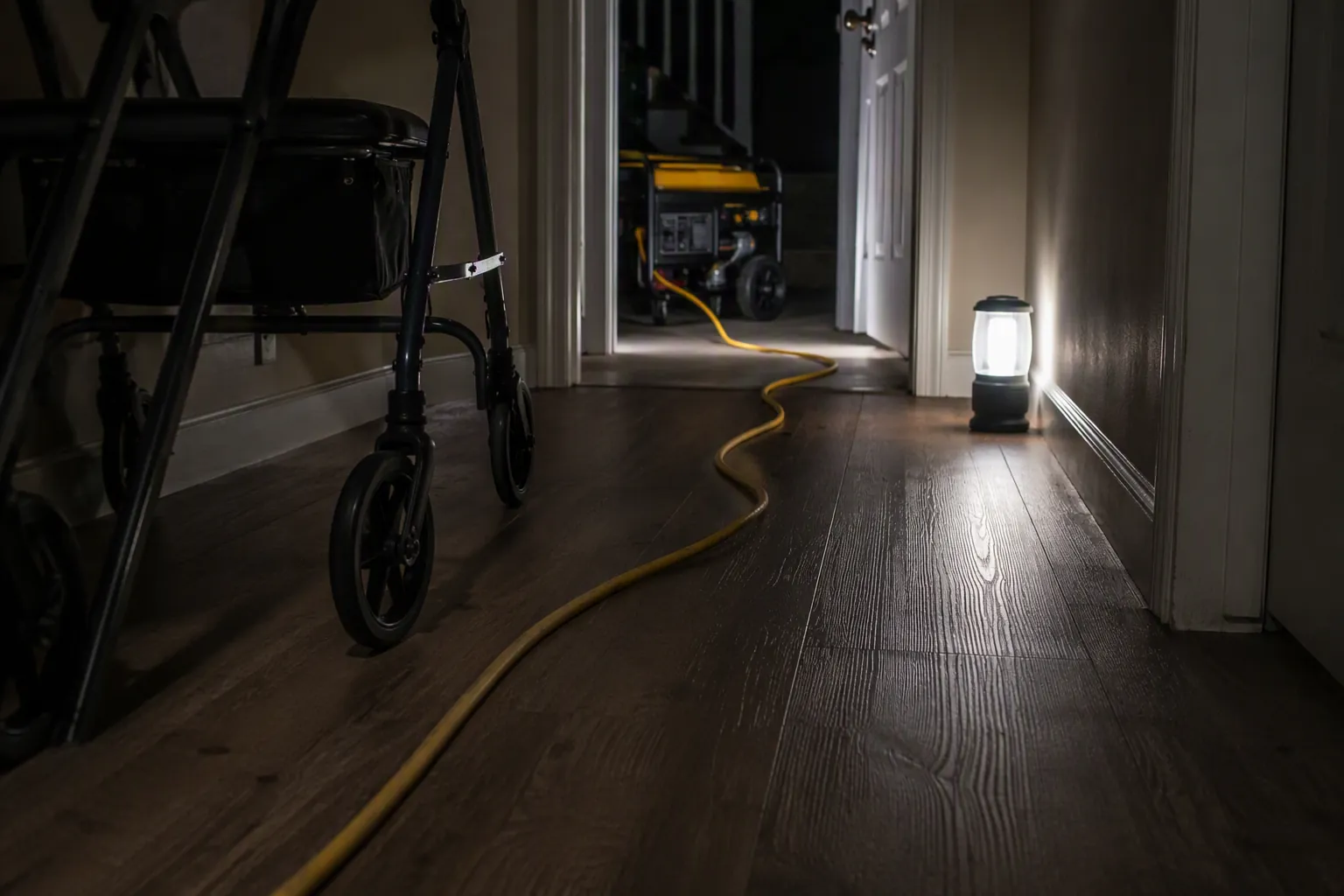 Extension cord crossing a dark hallway near a walker during a power outage