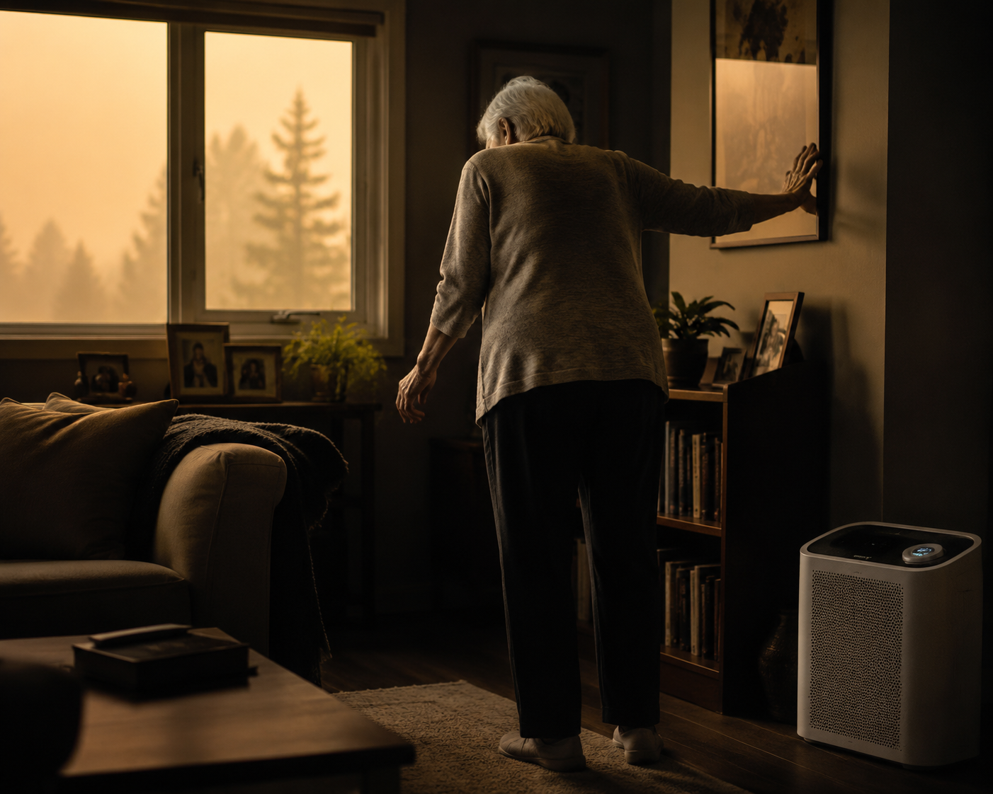 Older adult standing in a dim, hazy living room and reaching for balance near a wall.