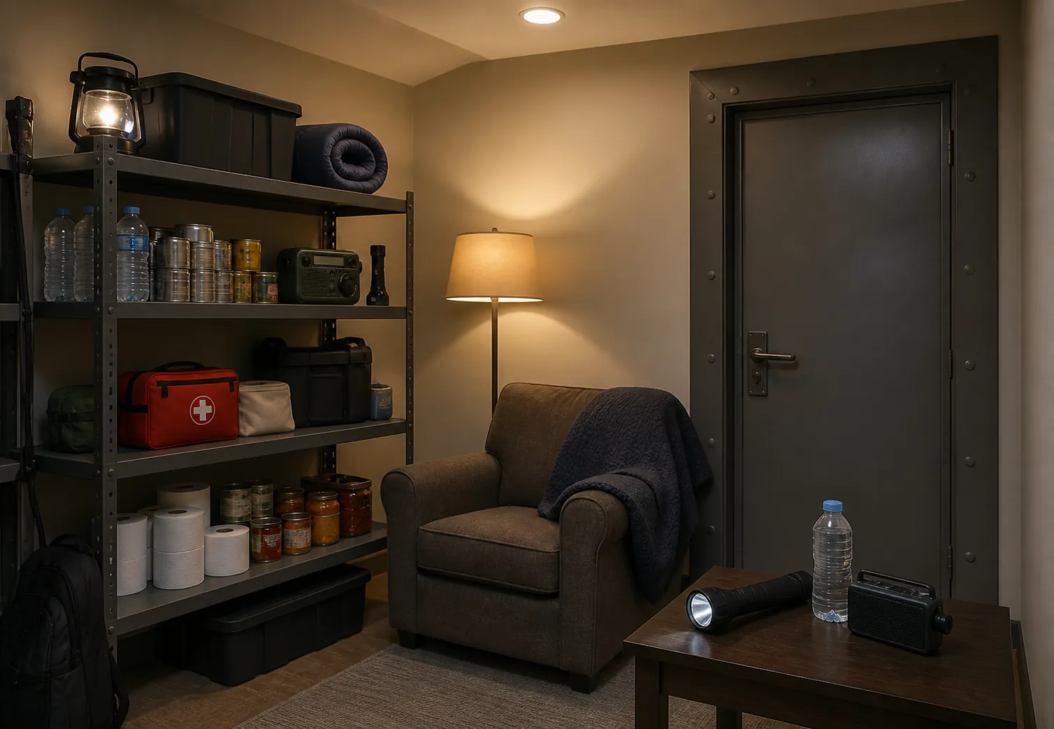 Interior safe room with a chair and emergency supplies within reach