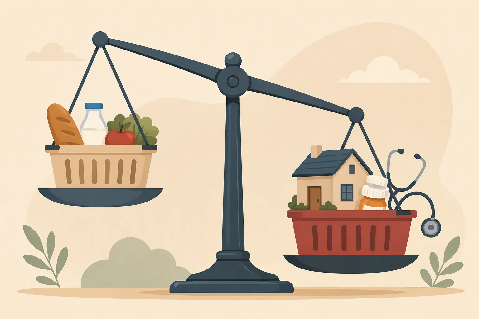 Illustration of a balance scale showing a heavier senior cost basket with housing and medical care outweighing a lighter grocery basket