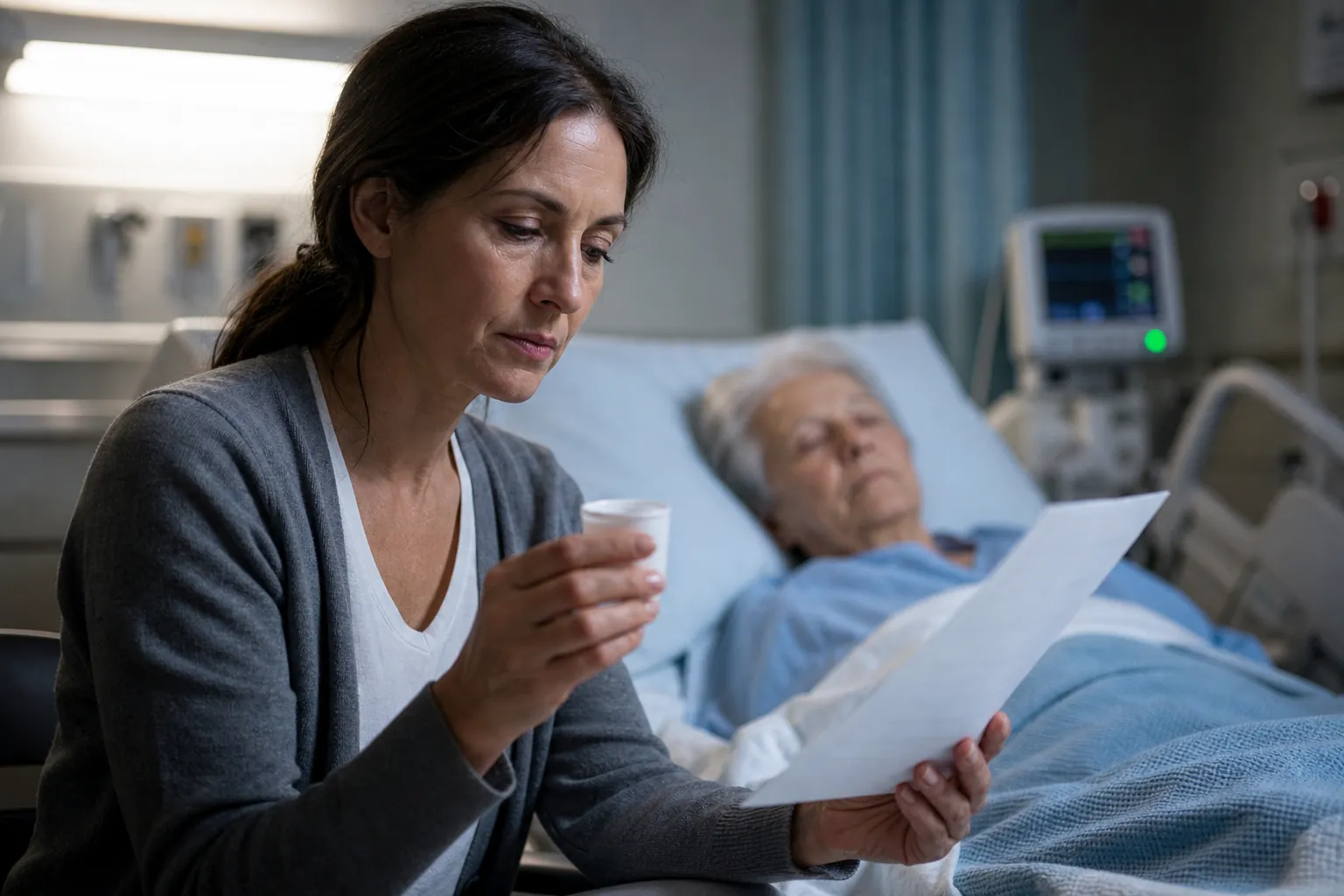 Adult daughter at a hospital bedside holding a medication cup and medication record while her elderly parent rests nearby
