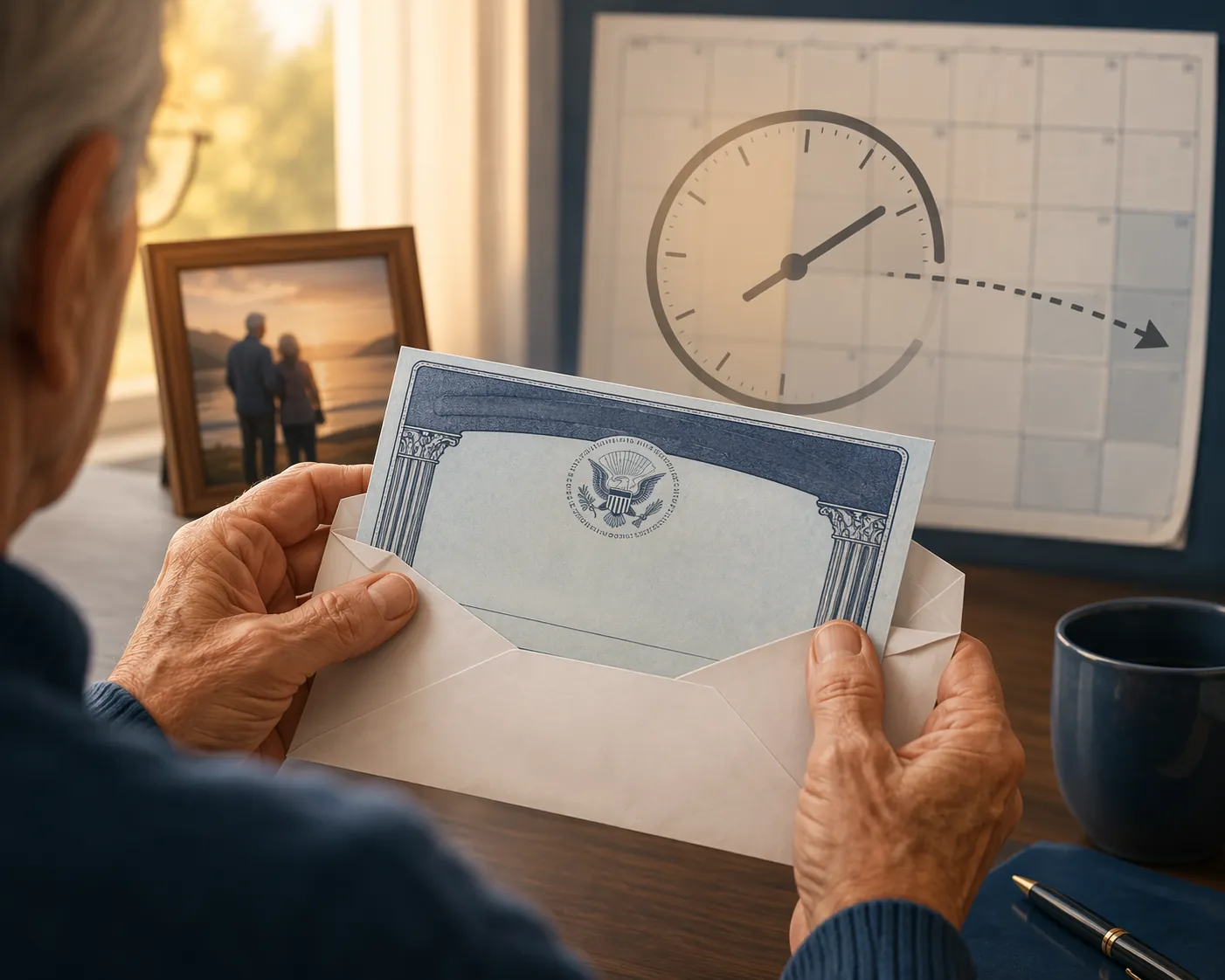 Older hands holding a Social Security benefit envelope with calendar and clock imagery in the background
